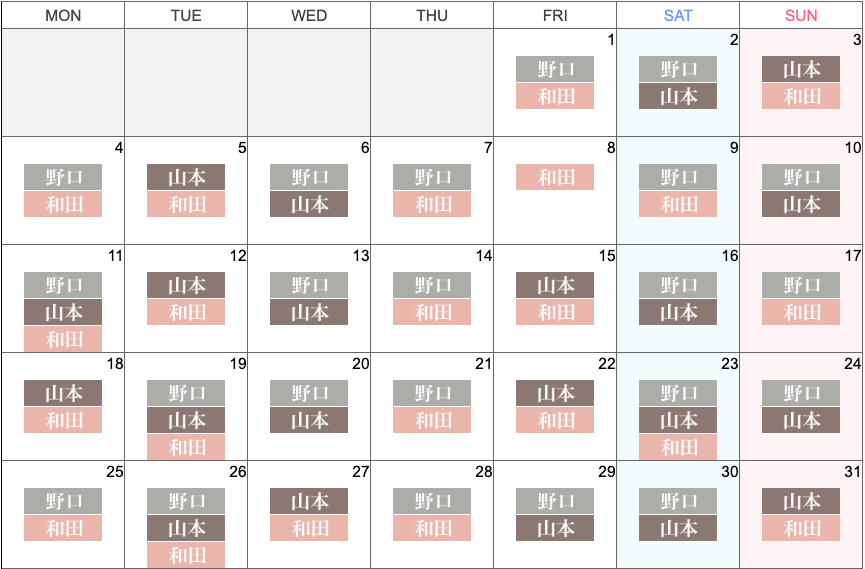 ＜8月の医師出勤日＞