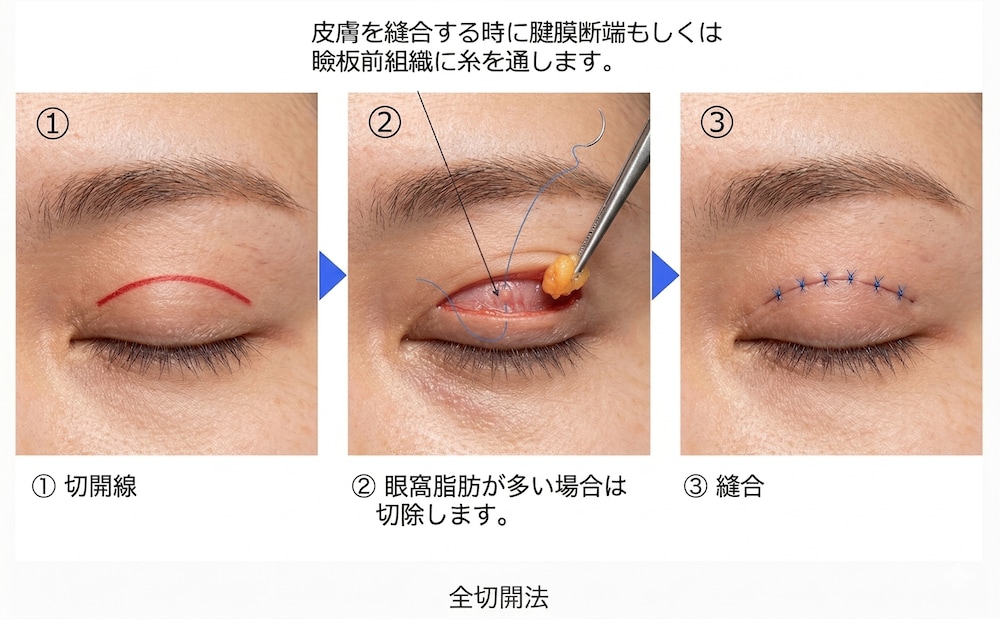 全切開法二重術（二重まぶた切開法）の施術方法<br />
