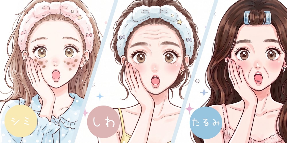 お肌の三大悩み「シミ・しわ・たるみ」