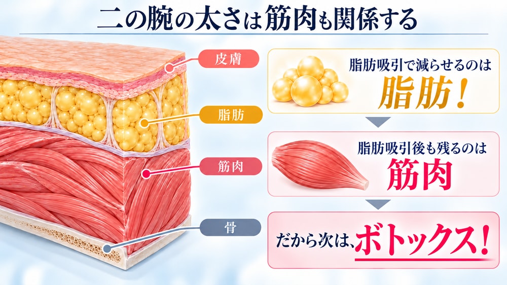 二の腕が太い原因は脂肪だけじゃない！脂肪吸引後もさらに細くできる理由