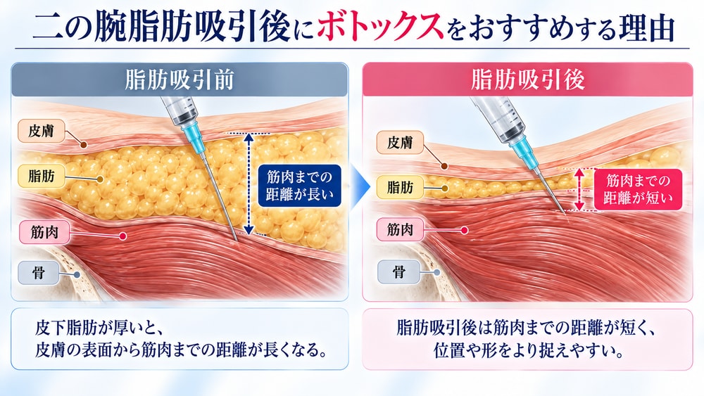 脂肪吸引後は筋肉を狙って正確に打ちやすい！二の腕ボトックスは術後1週間〜1か月頃