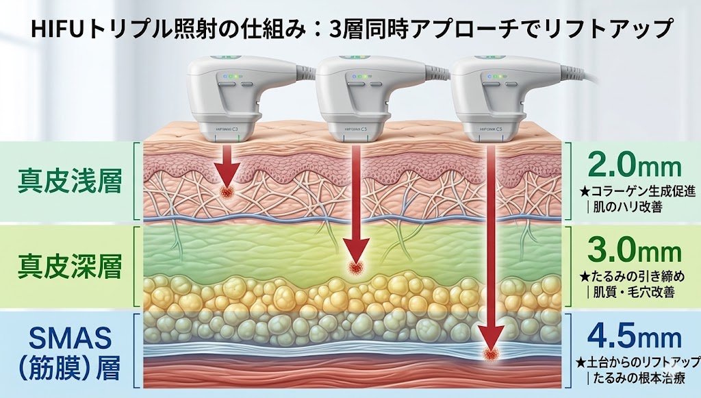 超音波をSMAS筋膜に集中させ、たるみを土台から引き上げる