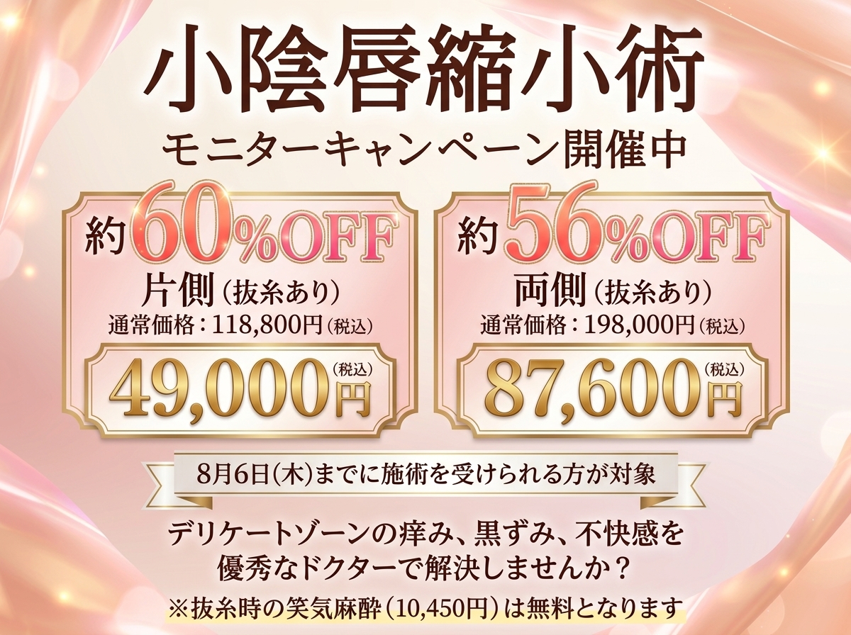 婦人科形成（小陰唇縮小術／抜糸あり）<br />
最大約60％OFFモニターキャンペーン🉐