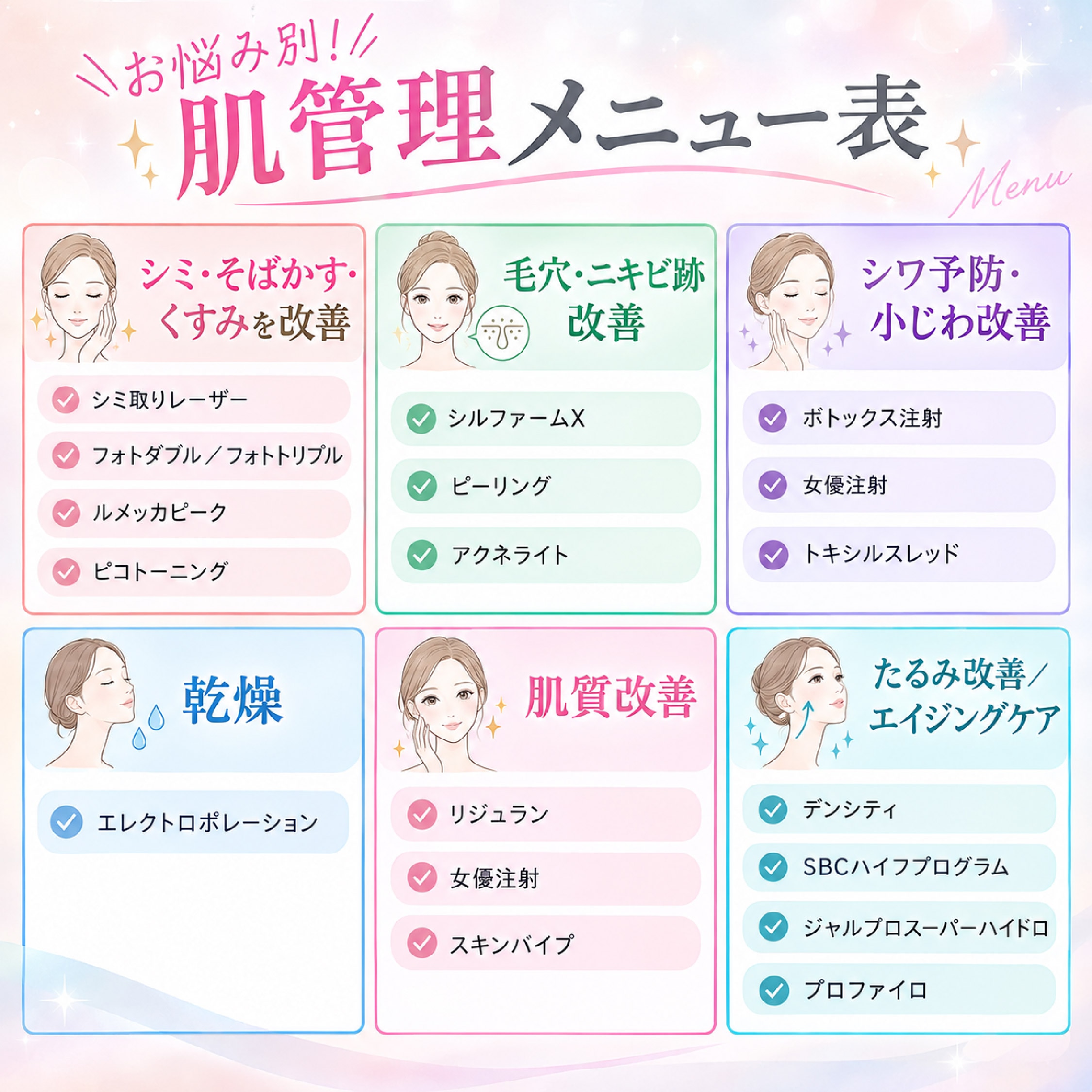 【お悩み別】肌管理メニュー表