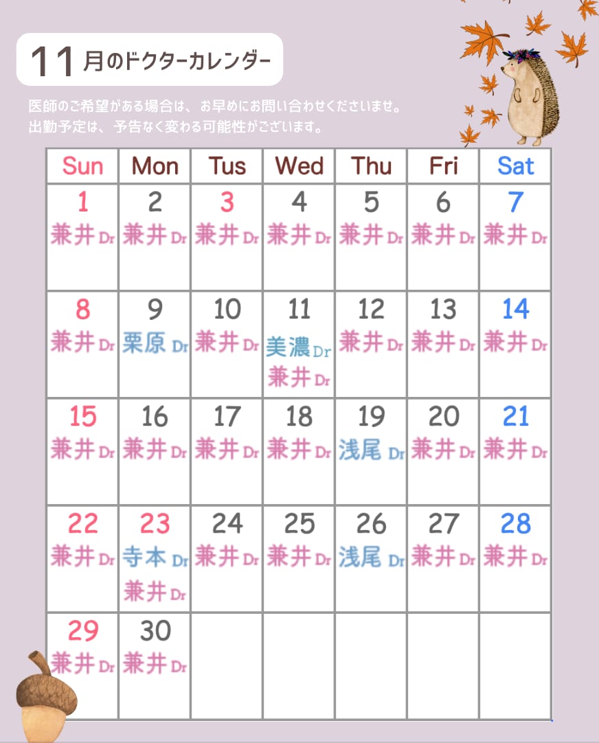 11月の医師出勤カレンダーです🍄