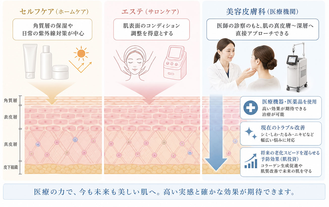 セルフケア・エステと美容皮膚科（医療機関）の違い