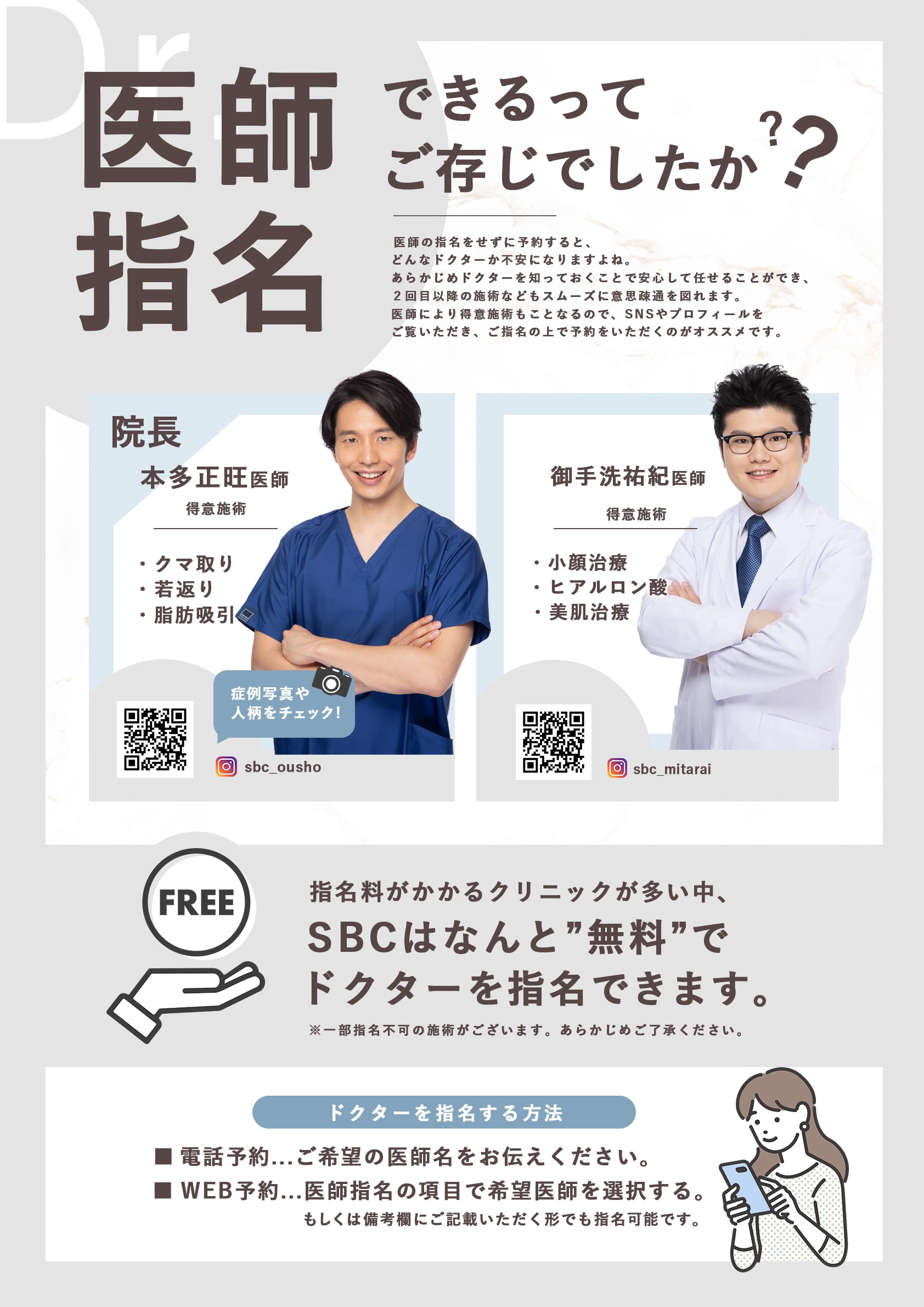 あまり知られていませんが<br />
ドクターは無料で指名できます。