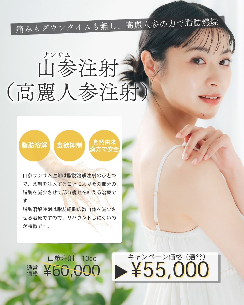 ダウンタイム無し、高麗人参の力で脂肪燃焼