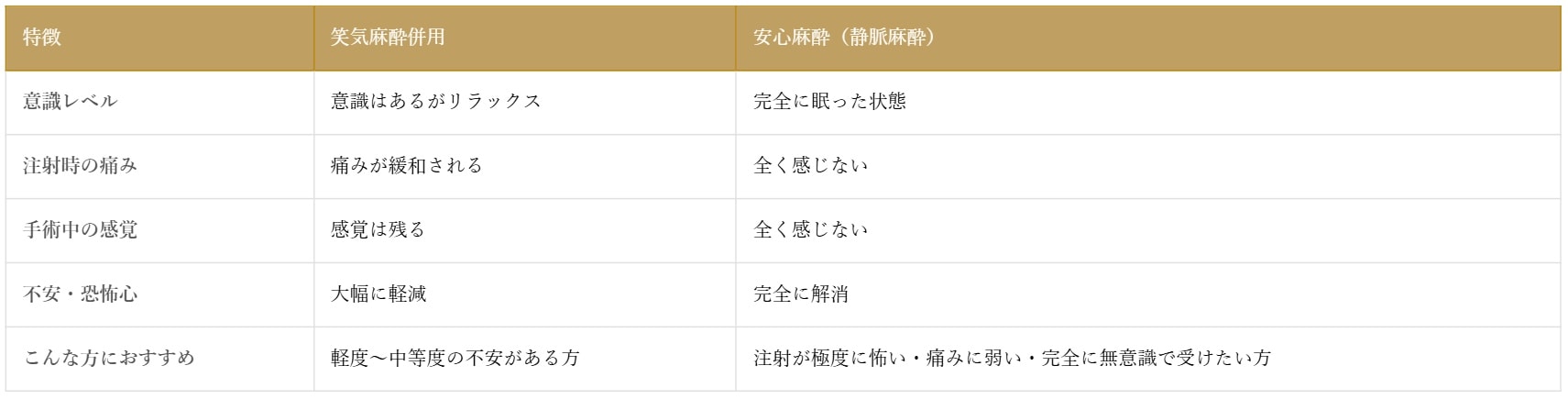 麻酔について解説している表画像