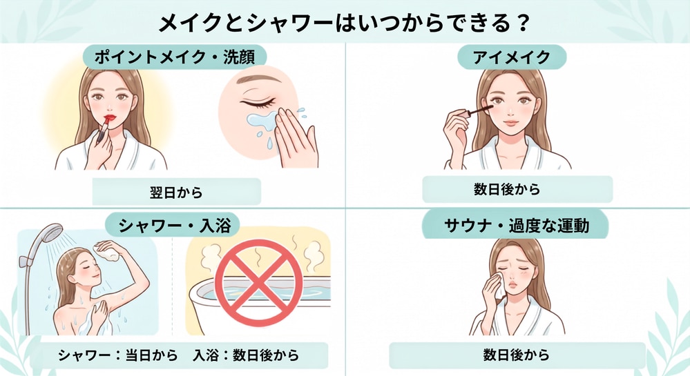 術後のメイク／洗顔・シャワーの再開目安<br />
