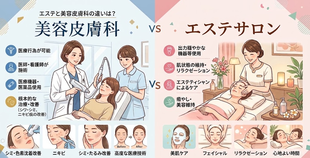 エステサロンと美容皮膚科の違いを比較した図