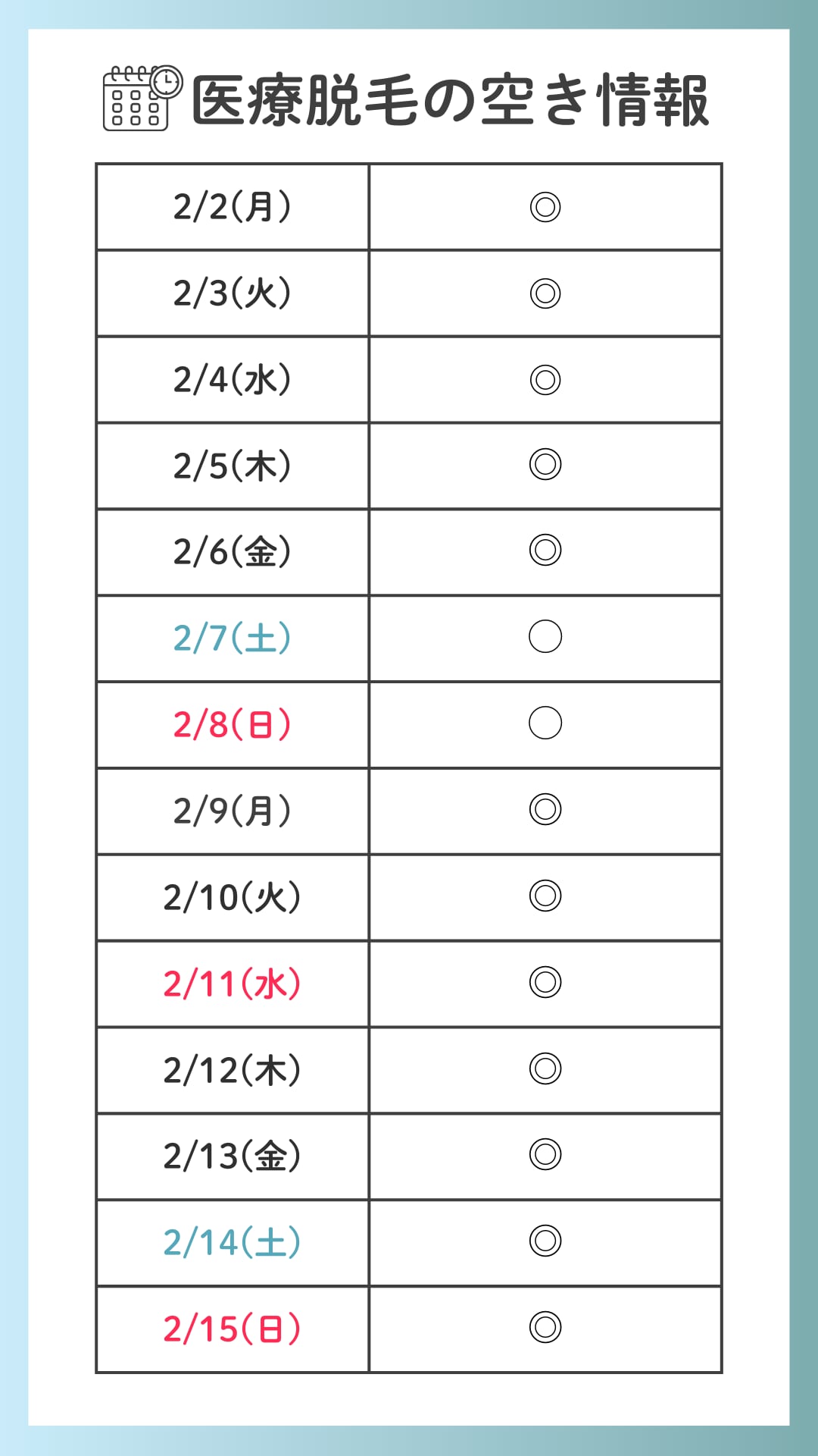 ２週間分の医療脱毛空き状況のお知らせ