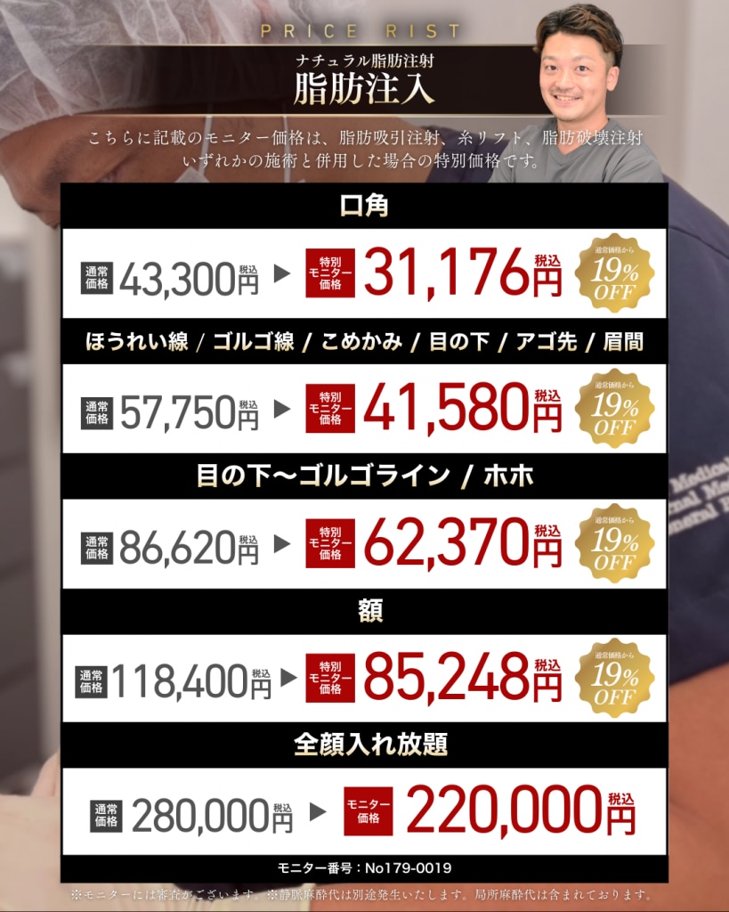 脂肪注入(ナチュラル脂肪注射) 料金表