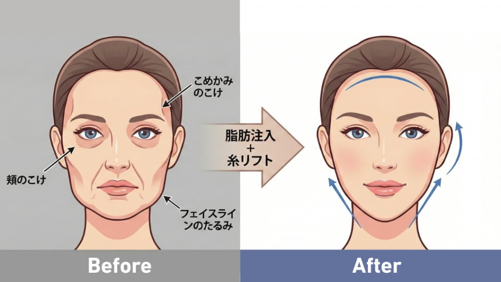 脂肪注入、糸リフトのBefore/Afterのイラスト