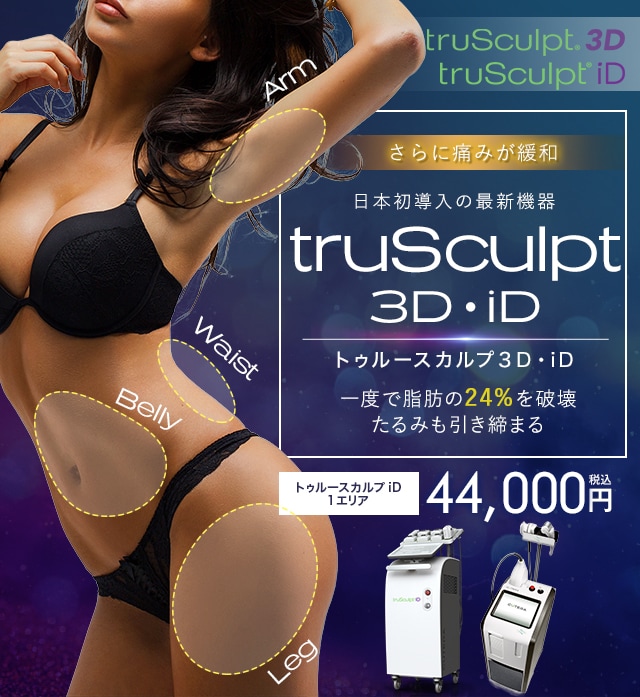 さらに痛みが緩和 日本初導入の最新機器 truSculpt 3D・iD 一度で脂肪の24%を破壊 たるみも引き締まる 定価 1エリア 43,200円 税込
