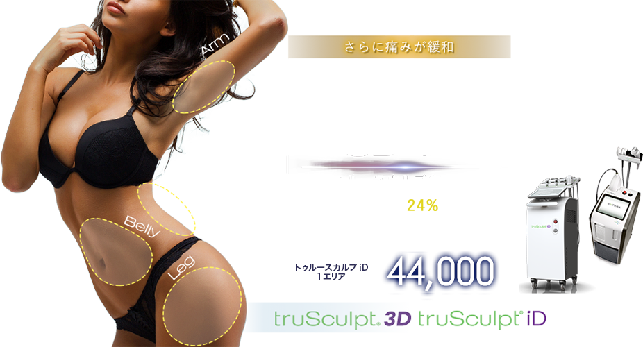 さらに痛みが緩和 日本初導入の最新機器 truSculpt 3D・iD 一度で脂肪の24%を破壊 たるみも引き締まる 定価 1エリア 43,200円 税込